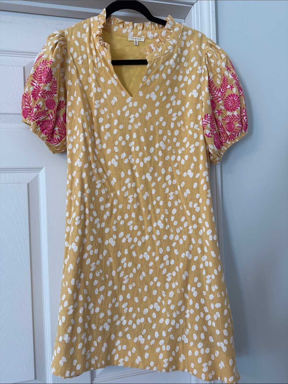 JODIFL Yellow Polka Dot Dress with Pink Embroidered Puff Sleeves
